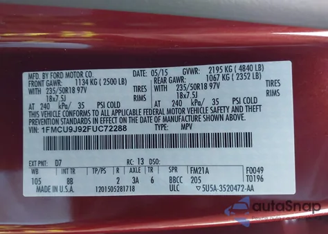 2015 Ford Escape Titanium z USA, uszkodzony, nr VIN 1FMCU9J92FUC72288